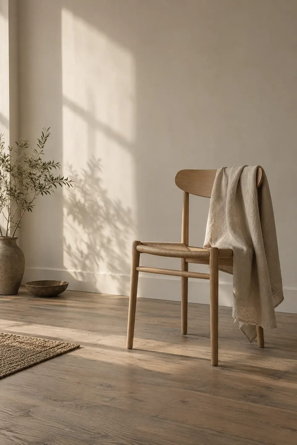 Oak chair with a linen throw in morning light